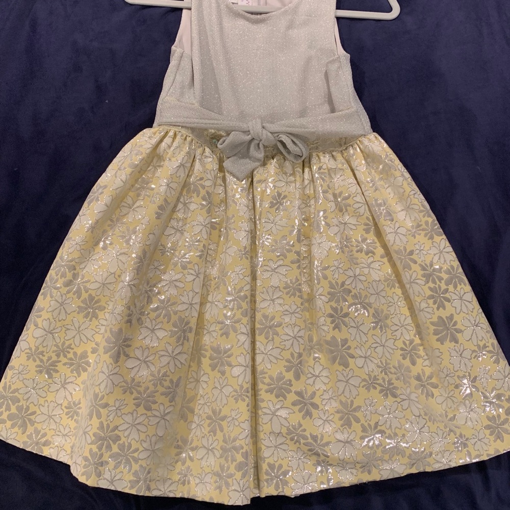 Kids dress, grey with yellow skirt and silver and white floral detailing